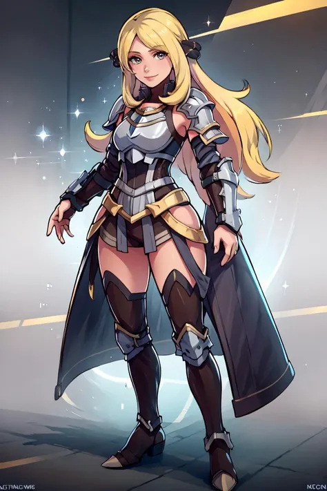 ((masterpiece,best quality)), absurdres, <lora:Cynthia_Pokemon:0.8>, Cynthia_Pokemon, solo, 1girl, blonde, long hair, solo, smiling, looking at viewer, cowboy shot shiny metal, full body armor, breastplate, fingerless gloves, shoulder armor, gauntlets