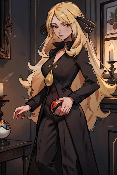 Cynthia_Pokemon, long blonde hair, brown eyes, black coat, black pants, looking at viewer, serious, standing, holding poke ball, inside fancy room, guided, warm ambiance, high quality, masterpiece, <lora:Cynthia_Pokemon:.7>