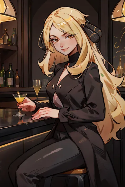 Cynthia_Pokemon, long blonde hair, brown eyes, black coat, black pants, looking at viewer, serious, smirk, sitting, on stool, inside bar, counter, holding martini glass full of lemon juice, neon lighting, high quality, masterpiece, <lora:Cynthia_Pokemon:.7>