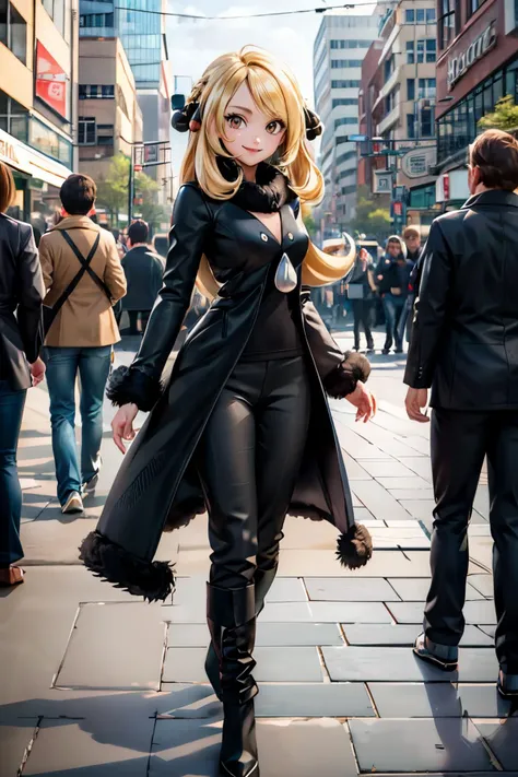 Cynthia_Pokemon, long blonde hair, brown eyes, black coat, black pants, black boots, looking at viewer, smiling, standing, full body shot, outside,city, street, crowd, overcast, high quality, masterpiece, <lora:Cynthia_Pokemon:.8>