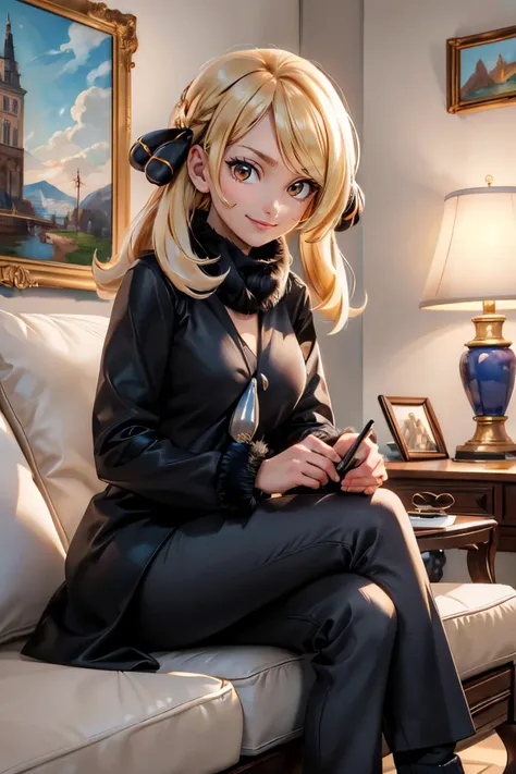 Cynthia_Pokemon, long blonde hair, brown eyes, black coat, black pants, socks, looking at viewer, serious, smiling, sitting, legs crossed, inside fancy living room, on sofa, soft lighting, framed painting, high quality, masterpiece, <lora:Cynthia_Pokemon:.7>