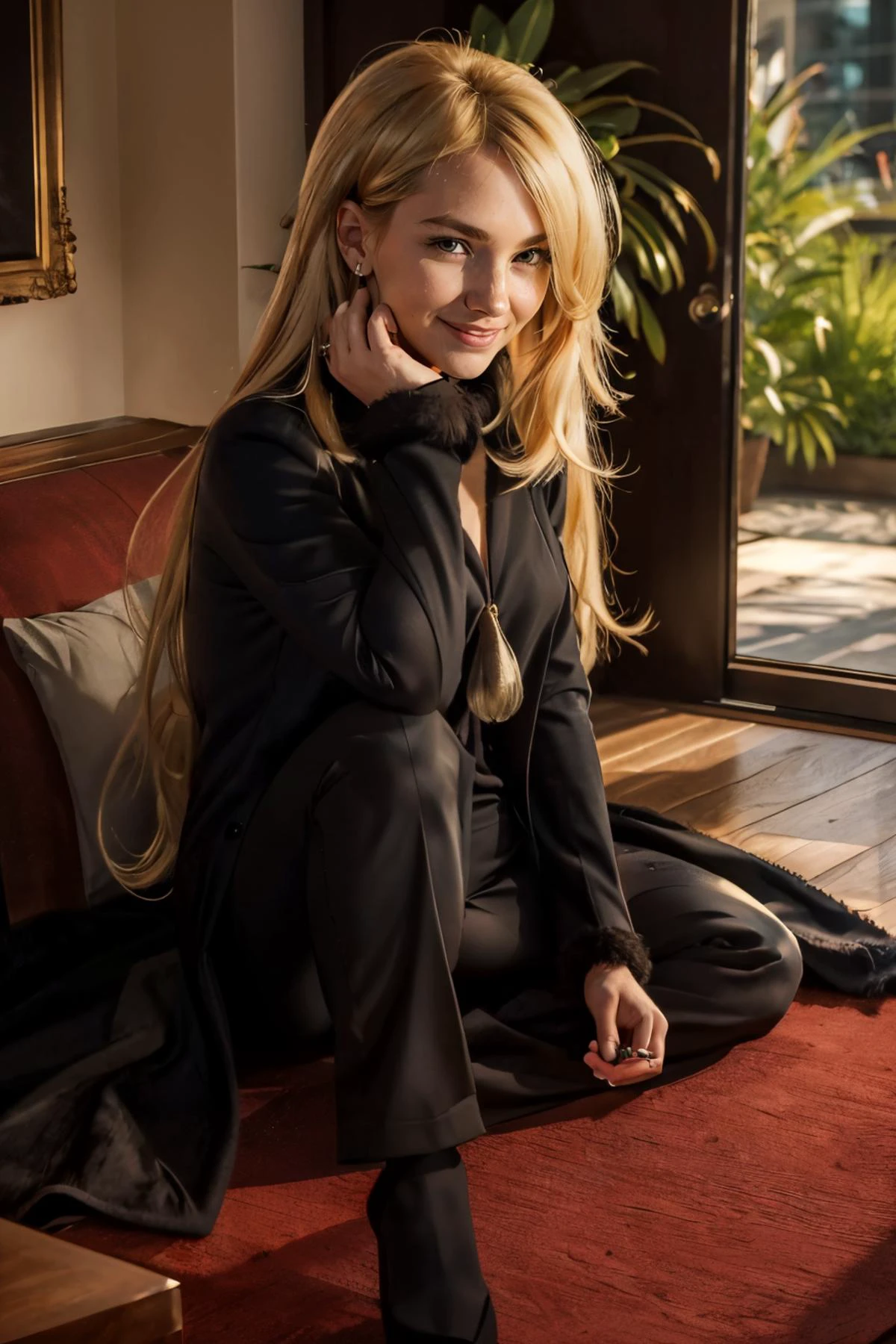 Cynthia_Pokemon, long blonde hair, brown eyes, black coat, black pants, looking at viewer, smiling, sitting, on floor, red carpet, fancy living room, warm ambiance, high quality, masterpiece, <lora:Cynthia_Pokemon:.8>