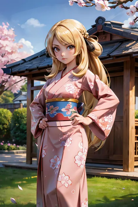 Cynthia_Pokemon, long blonde hair, brown eyes, traditional kimono, sash, wide sleeves, looking at viewer, serious, frown, standing, hands on hips, gazebo, garden, cherry blossom, dusk, high quality, masterpiece, <lora:Cynthia_Pokemon:.7>