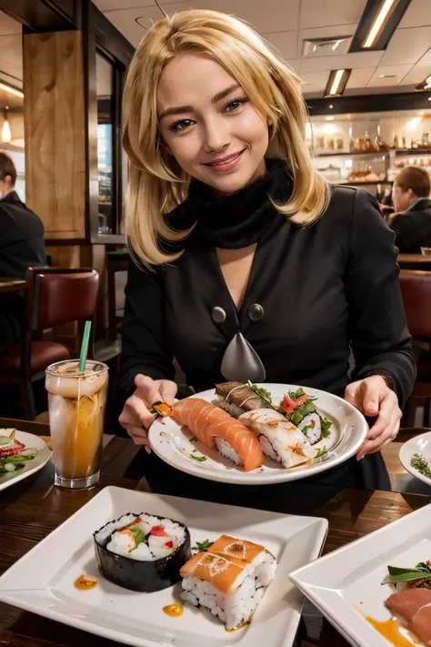 Cynthia_Pokemon, long blonde hair, brown eyes, black coat, black pants, looking at viewer,  smiling, sitting, behind a table, inside restaurant, table full of food, sushi, high quality, masterpiece, <lora:Cynthia_Pokemon:.8>