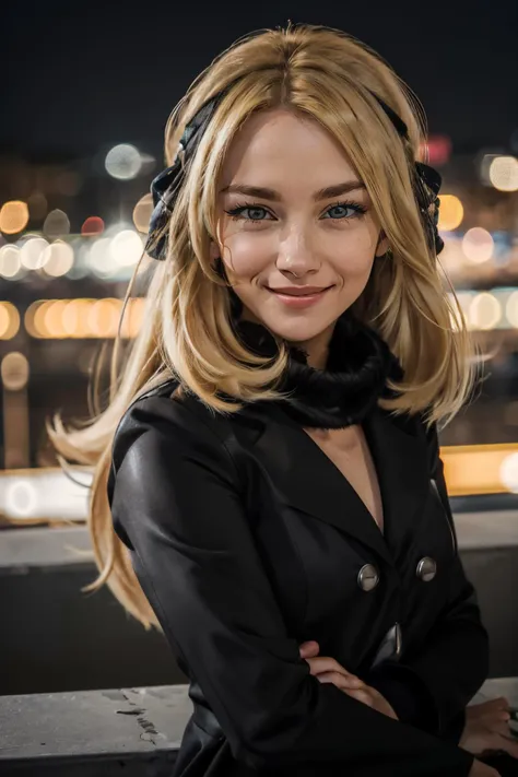 Cynthia_Pokemon, long blonde hair, hair ornament, brown eyes, black coat, looking at viewer, smiling, close up, outside, cityscape, night time, bokeh, high quality, masterpiece, <lora:Cynthia_Pokemon:.8>