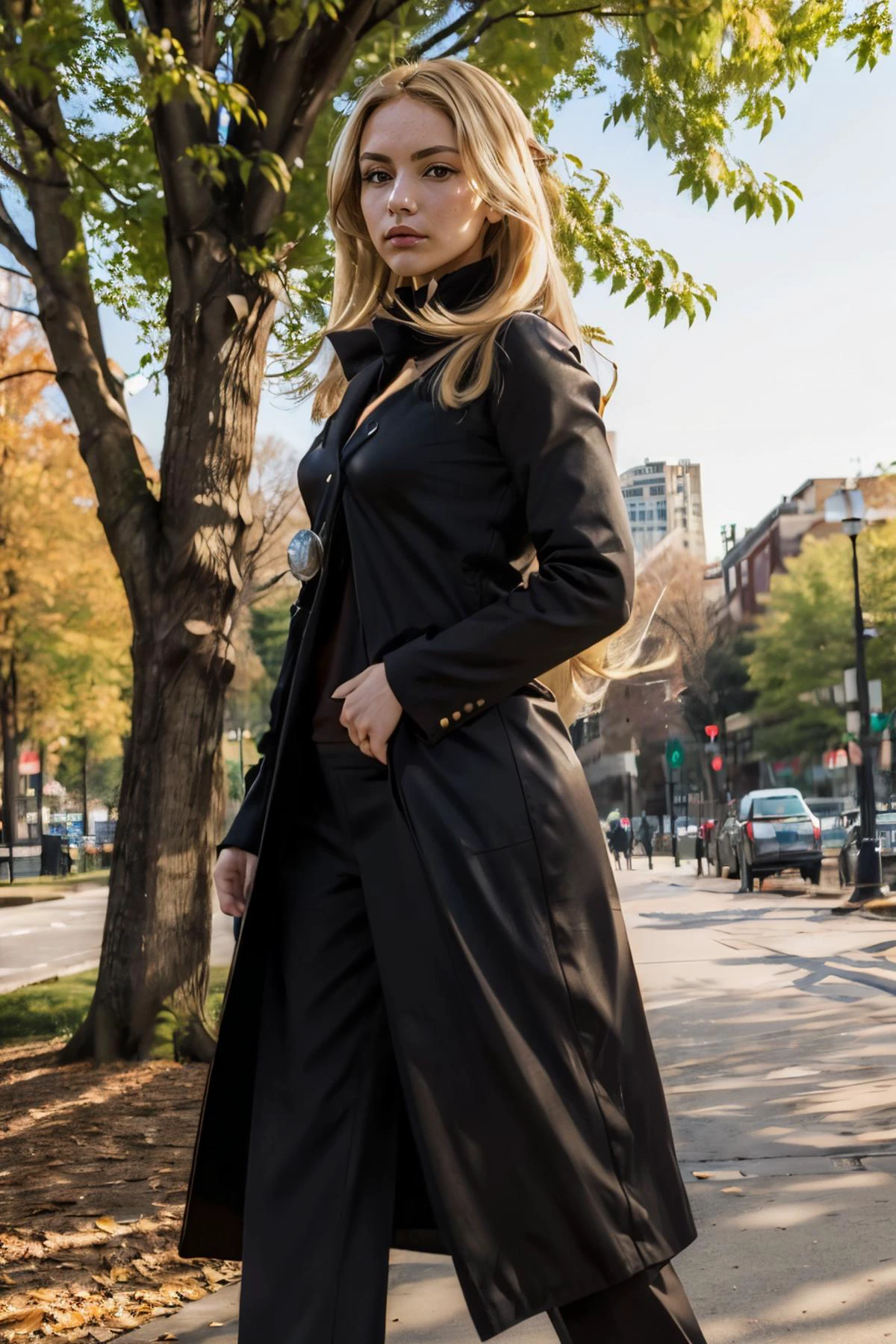 Cynthia_Pokemon, long blonde hair, brown eyes, black coat, black pants, looking at viewer, serious, standing, outside, park, trees, sunny, high quality, masterpiece, <lora:Cynthia_Pokemon:.8>