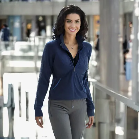((( wearing a blue pullover and a jacket with and long grey pants walking in a shopping mall:1.2)) , <lora:Bianca Van Varenberg Lora:1> 1girl, solo, realistic, black hair, lips, brown eyes, jewelry, long hair, smile, necklace, brown hair, upper body, teeth, multicolored bikini:0.5, makeup