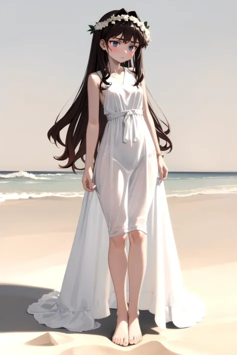 <lora:elisia_valfelto_v0.7:1>
1girl, elisia valfelto, full body,
white background, pose, fashion, long dress, head wreath, linen dress, see-through, barefoot, sand,, masterpiece, best quality, highly detailed