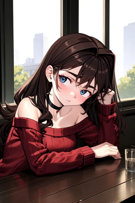 <lora:elisia_valfelto_v0.7:1>
1girl, elisia valfelto, red sweater, bare shoulders, choker, messy hair, bored, head rest, window, head tilt,, masterpiece, best quality, highly detailed