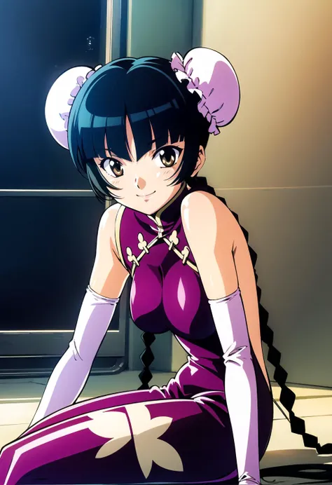 1980s \(style\),(masterpiece, best quality:1.2), <lora:gundam_liumei-11:1>, solo, 1girl, wang liu mei, smile, twin braids, double bun, bun cover, china dress, sitting, (elbow gloves:1.1)