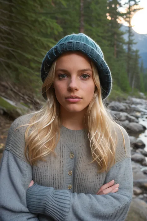 1girl, brita, blonde hair, long hair, closed mouth, upper body selfie, masterpiece, best quality, ultra-detailed, solo, outdoors, (night), mountains, nature, (stars, moon), happy, backpack, sleeping bag, mountain boots, gloves, sweater, hat, flashlight, forest, rocks, river, wood, smoke, shadows, contrast, clear sky, analog style, (look at viewer:1.2), (skin texture), (film grain:1.3), (warm hue, warm tone :1.2), close up, cinematic light, sidelighting, ultra high res, best shadow, RAW, upper body, wearing pullover   <lora:BritaV2:1>