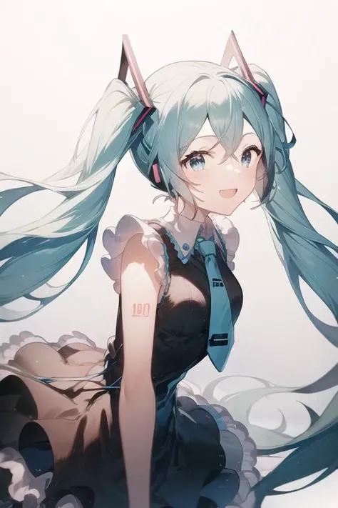 1girl,masterpiece,upper body, best_quality,hatsune miku,gradient hair,twintails,aqua eyes,open mouth, smile,arms behind back, <lora:rella-v2-000005:1>