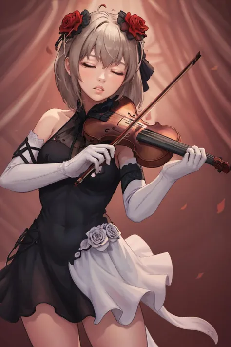 masterpiece, best quality, 1girl, solo, <lora:julia-nikke-richy-v1:1> juliadress, black dress, hair flower, rose, hair ornament, elbow gloves, standing, parted lips, looking at viewer, closed eyes, holding instrument, violin, bow \(music\), holding, <lora:violin_v6:0.5>