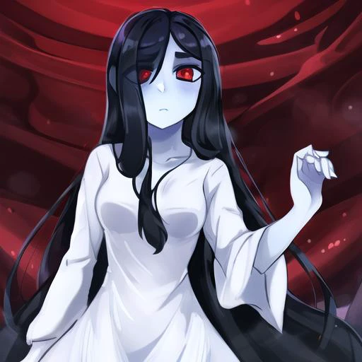 ((masterpiece)),(best quality), absurdres,sadako_yamamura,red eyes, white dress,<lora:Sadakobest:0.9>,<lora:avasDemon_v10:1>,avasdemon, white skin,