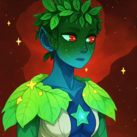 <lora:avasdemon3:1>,
avasdemon,
a cartoon of a woman with a green leaf on her shoulder and a red background with a green leaf on her shoulder, colored skin, space, blue skin, star \(sky\), green skin, starry sky, alien, solo, red background, planet, colored sclera