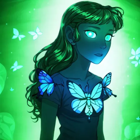 <lora:avasdemon3:1>, avasdemon, a woman with green hair and blue eyes standing in a room with a green light behind her and a blue light behind her, bug, butterfly, 1girl, aqua theme, solo, blue butterfly, glowing, long hair, green theme, green hair, fairy, upper body