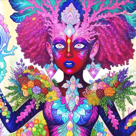 <lora:avasdemon3:1>, avasdemon, a painting of a woman with her hands in the air and her face painted with colorful paint and flowers, earrings, solo, traditional media, jewelry, fruit, food, bouquet, artist name, bubble, strawberry, upper body, marker \(medium\), leaf, teeth, ice cream, fish, pink eyes
