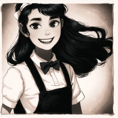 <lora:avasdemon3:1>,
avasdemon,
a woman with a bow tie and suspenders on her head is posing for a picture with her hair in the air, wind, a black and white photo, precisionism, letterboxed, pillarboxed, 1girl, bow, black border, solo, bowtie, black bowtie, black bow, shirt, photo \(medium\), teeth, smile, white shirt, looking at viewer, sepia, sharp teeth, long hair, collared shirt, upper body, grin, black hair