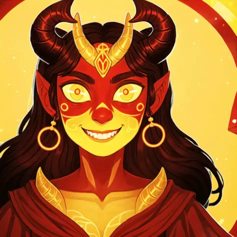 <lora:avasdemon3:1>,
avasdemon,
a cartoon character with a red cape and yellow eyes and a yellow background with circles around her and a yellow circle around her, yellow eyes, yellow background, horns, red skin, solo, orange background, colored skin, smile, orange theme, yellow theme, upper body, 1girl, teeth