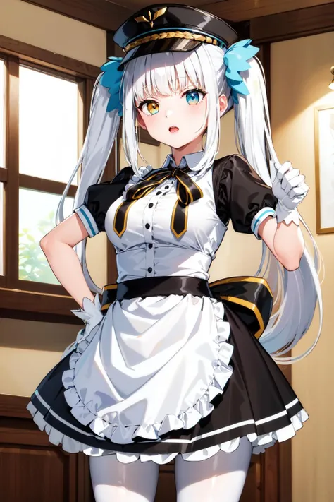 masterpiece, best quality, highres, hmmea, twintails, hair ribbon, blue ribbon, heterochromia, hat, peaked cap, frills, neck ribbon, black ribbon, medium breasts, black dress, puffy short sleeves, black sleeves, white gloves, white apron, white pantyhose, <lora:kagura_mea_v1:0.7>, standing, cowboy shot, indoors,