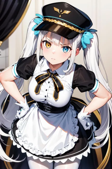 masterpiece, best quality, highres, hmmea, twintails, hair ribbon, blue ribbon, heterochromia, hat, peaked cap, frills, neck ribbon, black ribbon, medium breasts, black dress, puffy short sleeves, black sleeves, white gloves, white apron, white pantyhose, <lora:kagura_mea_v1:0.7>, standing, cowboy shot, hand on hip, leaning forward, frown