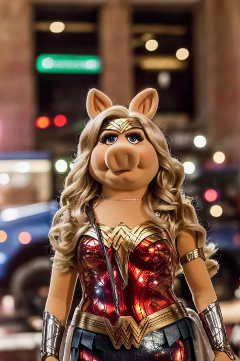 photo of Miss Piggy as Wonder Woman, highlight hair, sitting outside restaurant, wearing costume, rim lighting, studio lighting, looking at the camera, dslr, ultra quality, sharp focus, tack sharp, dof, film grain, Fujifilm XT3, crystal clear, 8K UHD, highly detailed glossy eyes,  <lora:ww_v1:0.673>