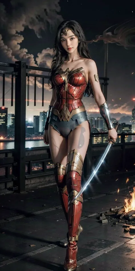 1girl, katana, holding katana, solo, wonder woman, breasts, full body, black hair, brown eyes, cityscape, blurry background, fire, war field, smoke, masterpiece, best quality, 8k