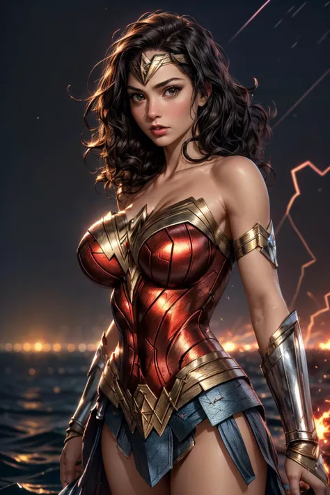 (ultra realistic,32k, masterpiece:1.2),(high detailed skin:1.1),( 8k uhd, dslr, high quality:1.1),
<lora:ww_v1:0.7>ww, wonder woman, 1girl, solo, breasts, black hair, brown eyes,, , <lora:add_detail:0.94>, (huge breast:1.1),
(looking at viewer, Bend forward:1.1),
,(glowwave:1.1), shore, battlefield, explosion, night, stars,
