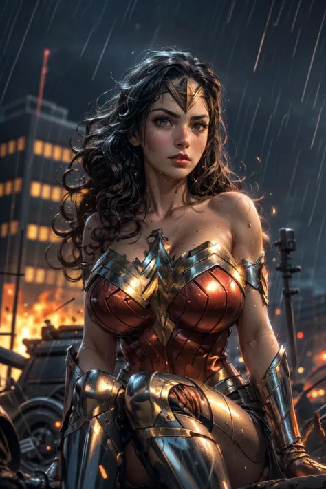 (ultra realistic,32k, masterpiece:1.2),(high detailed skin:1.1),( 8k uhd, dslr, high quality:1.1),
 <lora:ww_v1:0.7>ww,wonder women, 1girl, solo, breasts, black hair, brown eyes,, , <lora:add_detail:0.83>, (huge breast:1.1), 
(looking at viewer, sitting, from below:1.1),,
,(neon light:1.1), <lora:20231216-1702730773920:0.25>bfbfbf, sweaty, dirt dirty,fire,battlefield,heavy rain, ,