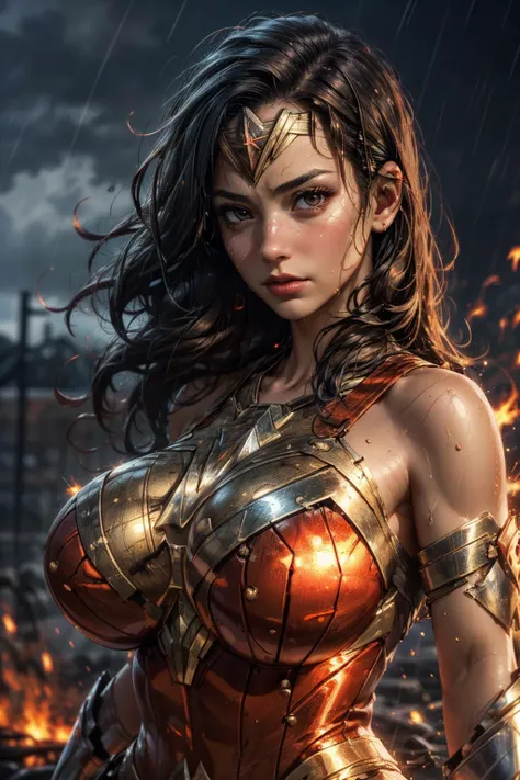 (ultra realistic,32k, masterpiece:1.2),(high detailed skin:1.1),( 8k uhd, dslr, high quality:1.1),
 <lora:ww_v1:0.7>ww,wonder women, 1girl, solo, breasts, black hair, brown eyes,, , <lora:add_detail:0.83>, (huge breast:1.1), 
(looking at viewer, portrait:1.1),,
,(lighting:1.1), <lora:20231216-1702730773920:0.25>bfbfbf, sweaty, dirt dirty,fire,battlefield,heavy rain, ,