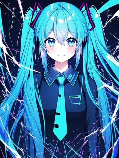 1girl, bangs, blue_eyes, blue_hair, closed_mouth, electricity, eyebrows_visible_through_hair, hair_between_eyes, hatsune_miku, long_hair, looking_at_viewer, magic, smile, solo