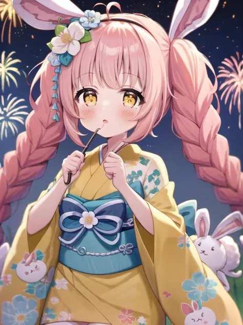 1girl, animal_ears, bangs, blush, braid, brown_eyes, bunny, bunny_hair_ornament, eyebrows_visible_through_hair, fake_animal_ears, fireworks, floral_print, flower, hair_flower, hair_ornament, hairband, japanese_clothes, kimono, long_hair, long_sleeves, night, night_sky, obi, orange_kimono, parted_lips, pink_hair, print_kimono, rabbit_ears, rabbit_girl, rabbit_tail, sash, side_braids, sky, solo, star_\(sky\), starry_sky, stuffed_bunny, twin_braids, twintails, very_long_hair, virtual_youtuber, white_flower, wide_sleeves, yellow_kimono