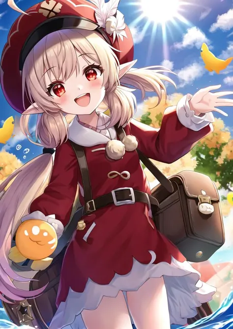 1girl, ahoge, backpack, bag, bangs, cabbie_hat, day, dodoco_\(genshin_impact\), dress, fish, gloves, hat, hat_feather, klee_\(genshin_impact\), long_hair, long_sleeves, looking_at_viewer, low_twintails, open_mouth, pointy_ears, red_dress, red_eyes, red_headwear, smile, solo, sparkle, sun, twintails, water