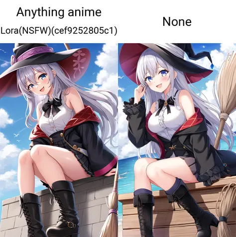 1girl, bare_shoulders, black_coat, black_footwear, black_headwear, black_skirt, blue_sky, boots, breasts, broom, broom_riding, building, cloud, cloudy_sky, day, elaina_\(majo_no_tabitabi\), frilled_skirt, frills, hair_between_eyes, hat, horizon, long_hair, looking_at_viewer, miniskirt, ocean, off_shoulder, open_clothes, open_mouth, outdoors, pleated_skirt, shirt, silver_hair, sitting, skirt, sky, sleeveless, sleeveless_shirt, smile, solo, white_shirt, witch, witch_hat