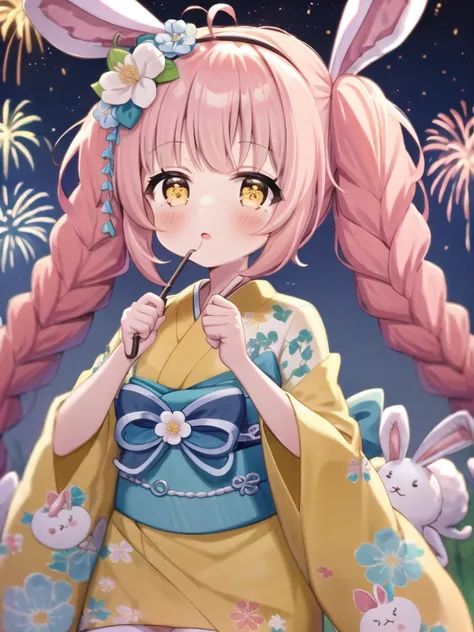 1girl, animal_ears, bangs, blush, braid, brown_eyes, bunny, bunny_hair_ornament, eyebrows_visible_through_hair, fake_animal_ears, fireworks, floral_print, flower, hair_flower, hair_ornament, hairband, japanese_clothes, kimono, long_hair, long_sleeves, night, night_sky, obi, orange_kimono, parted_lips, pink_hair, print_kimono, rabbit_ears, rabbit_girl, rabbit_tail, sash, side_braids, sky, solo, star_\(sky\), starry_sky, stuffed_bunny, twin_braids, twintails, very_long_hair, virtual_youtuber, white_flower, wide_sleeves, yellow_kimono