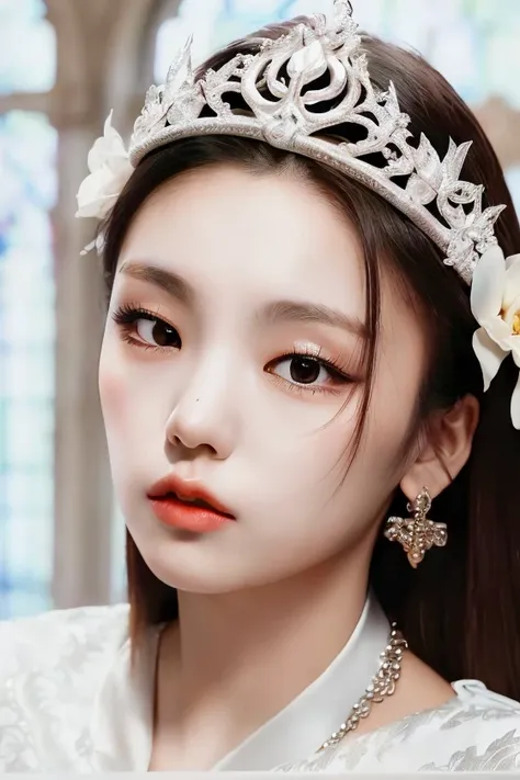 yeji, perfect eyes, white dress, crown, window, book, table, pout, (ultra realistic:1.2), (standing in castle royal room:1.1), (close-up photo:1.4), (masterpiece:1.1), (intricate:1.2), (dramatic:1.1), (best quality:1.2), <lora:notYeji_yejiV16:1>