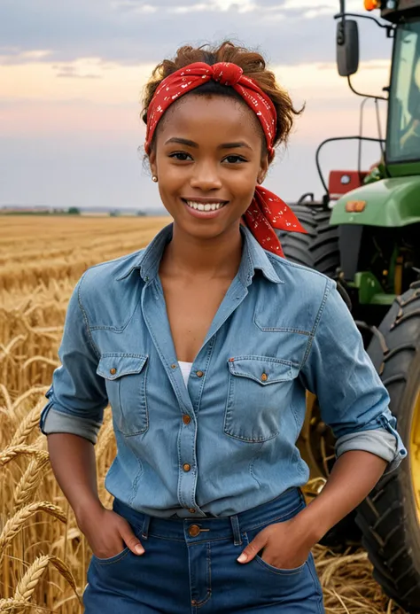 (medium full shot) of (charming farmer) young woman, south african, dark skin, black eyes, petite build, short ginger side-swept hair,  wearing a denim blue work shirt, comfortable pants, sturdy shoes, bandana, set in  Wheat Field, golden waves of wheat swaying in the wind, a combine harvester in the distance, the smell of freshly cut straw, a tractor parked at the edge, at sunset, woman smiling, ,Masterpiece,best quality, photo, realistic, very aesthetic, detailed face,