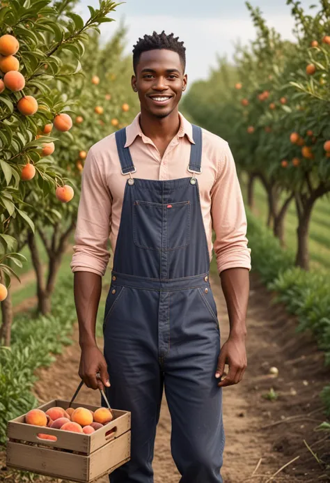 (medium full shot) of (handsome farmer) young man, black american, dark skin, black eyes, slim build, extra long brown french twist hair,  wearing a neatly pressed cotton shirt, bib overalls, sturdy shoes, holding a rake, set in  Orchard, Peach Trees, rows of peach trees with ripe fruit, the sweet smell of peaches, a wooden crate filled with peaches, bees buzzing around, woman smiling, Masterpiece,best quality, photo, realistic, very aesthetic, detailed face,