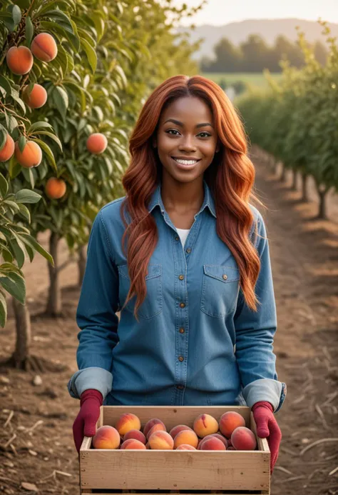 (medium full shot) of (robust farmer) young woman, black american, dark skin, hazel eyes, Average build, long red layered cut hair,  wearing a long-sleeve denim blue work shirt, comfortable pants, work boots, gloves, set in  Orchard, Peach Trees, rows of peach trees with ripe fruit, the sweet smell of peaches, a wooden crate filled with peaches, bees buzzing around, at dawn, woman smiling, Masterpiece,best quality, photo, realistic, very aesthetic, detailed face,