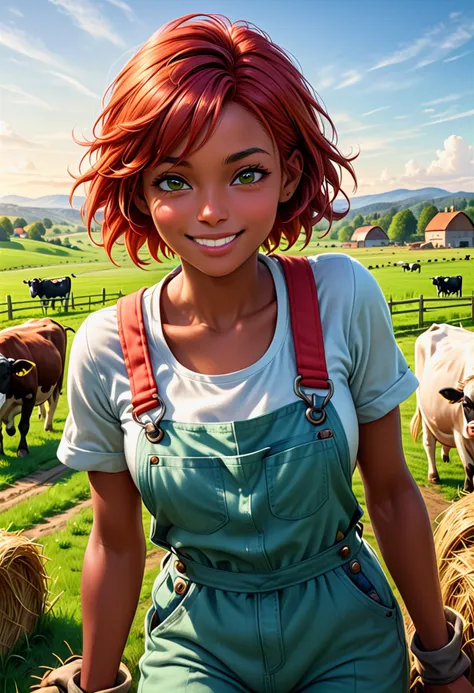 (medium full shot) of (vibrant farmer) young woman, african, dark skin, black eyes, slim build, medium red bob hair,  wearing a neatly pressed cotton shirt, bib overalls, work boots, holding a pitchfork, set in  Farm, Pasture, vast green field with grazing cows, wooden fences, scattered hay bales, a clear blue sky above, rolling hills in the distance, at dawn, woman smiling,  ,Masterpiece,best quality, photo, realistic, very aesthetic, detailed face,