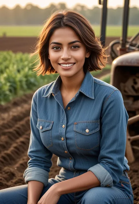 (medium full shot) of (handsome farmer) young woman, indian, mahogany skin, olive green eyes, voluptuous build, short brown inverted bob hair,  wearing a long-sleeve denim blue work shirt, comfortable pants, work boots, overalls, set in  Field, Plowed Land, freshly turned earth with neat furrows, the earthy smell of soil, a farmer's tractor parked nearby, the sound of birds chirping, at dawn, woman smiling, Masterpiece,best quality, photo, realistic, very aesthetic, detailed face,