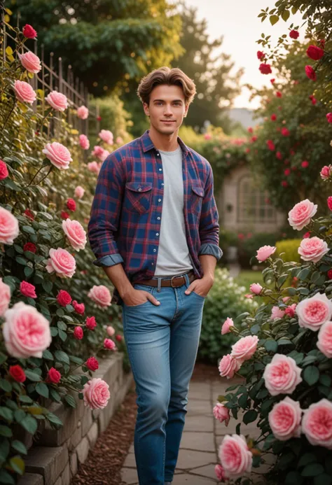 (medium full shot) of (rugged farmer) young man, brazilian, tan skin, blue eyes, willowy build, extra long dark updo hair,  wearing a flannel shirt, jeans, slip-on work shoes, gloves, set in  Garden, Rose Garden, rows of rose bushes with various colored blooms, the rich fragrance of roses, a wrought iron bench nearby, a trellis covered in climbing roses , at sunset, woman smiling, Masterpiece,best quality, photo, realistic, very aesthetic, detailed face,