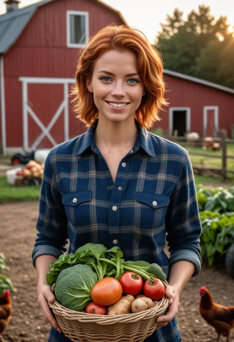 (medium full shot) of (charming farmer) young man, italian, tan skin, dark Blue eyes, normal build, medium ginger shag cut hair,  wearing a flannel shirt, comfortable pants, rubber boots, holding a basket of vegetables, set in  Farmyard, open area with a mix of gravel and dirt, various farming equipment scattered around, chickens pecking at the ground, large red barn in the background, at sunset, woman smiling, Masterpiece,best quality, photo, realistic, very aesthetic, detailed face,