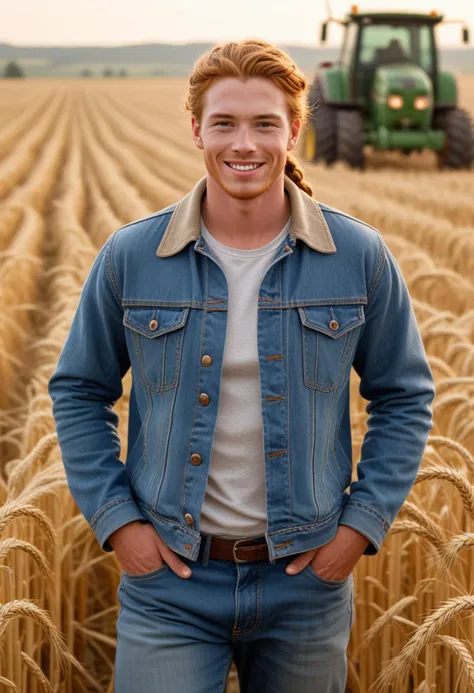 (medium full shot) of (sturdy farmer) young man, spanish, tan skin, brown eyes, full-figured build, long ginger single braid hair,  wearing a denim jacket, cargo pants, sturdy shoes, gloves, set in  Wheat Field, golden waves of wheat swaying in the wind, a combine harvester in the distance, the smell of freshly cut straw, a tractor parked at the edge, at dawn, woman smiling, Masterpiece,best quality, photo, realistic, very aesthetic, detailed face,