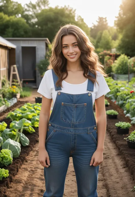 (medium full shot) of (sturdy farmer) young woman, italian, tan skin, light green eyes, tiny build, long brown wavy down hair,  wearing a denim jacket, bib overalls, work boots, overalls, set in  Garden, Vegetable Garden, neat rows of various vegetables, the earthy smell of soil, a watering can and garden tools nearby, a small shed in the background , at dawn, woman smiling,  ,Masterpiece,best quality, photo, realistic, very aesthetic, detailed face,