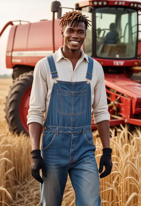 (medium full shot) of (sturdy farmer) young man, south african, dark skin, brown eyes, willowy build, extra long red side-swept bangs hair,  wearing a worn cotton shirt, denim overalls, sturdy shoes, gloves, set in  Wheat Field, golden waves of wheat swaying in the wind, a combine harvester in the distance, the smell of freshly cut straw, a tractor parked at the edge, at sunset, woman smiling, Masterpiece,best quality, photo, realistic, very aesthetic, detailed face,