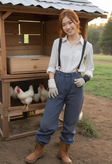 (medium full shot) of (weathered farmer) young woman, japanese, fair skin, brown eyes, tiny build, extra long ginger hime cut hair,  wearing a neatly pressed cotton shirt, work pants, hiking boots, gloves, set in  Farm, Chicken Coop, small wooden structure with wire mesh fencing, nesting boxes inside, chickens clucking and moving around, a feed dispenser near the entrance, at sunset, woman smiling,  ,Masterpiece,best quality, photo, realistic, very aesthetic, detailed face,