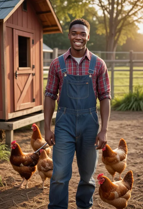 (medium full shot) of (wholesome farmer) young man, black american, dark skin, black eyes, Medium build, short ginger layered cut hair,  wearing a flannel shirt, bib overalls, sturdy shoes, holding a rake, set in  Farm, Chicken Coop, small wooden structure with wire mesh fencing, nesting boxes inside, chickens clucking and moving around, a feed dispenser near the entrance, at sunset, woman smiling, Masterpiece,best quality, photo, realistic, very aesthetic, detailed face,