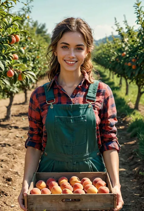 (medium full shot) of (weathered farmer) young woman, mexican, ebony skin, dark green eyes, normal build, extra long ginger french twist hair,  wearing a plaid shirt, bib overalls, slip-on work shoes, holding a rake, set in  Orchard, Peach Trees, rows of peach trees with ripe fruit, the sweet smell of peaches, a wooden crate filled with peaches, bees buzzing around, woman smiling, ,Masterpiece,best quality, photo, realistic, very aesthetic, detailed face,