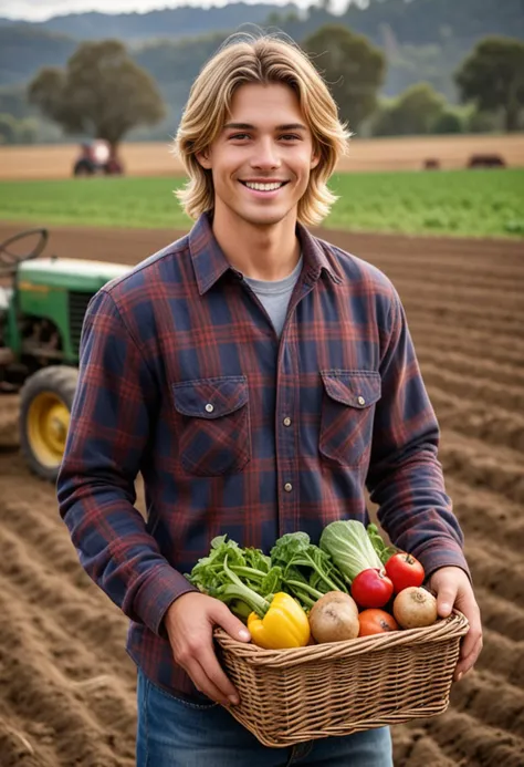 (medium full shot) of (robust farmer) young man, australian, tan skin, light brown eyes, slim build, extra long blonde layered cut hair,  wearing a flannel shirt, comfortable pants, work boots, holding a basket of vegetables, set in  Field, Plowed Land, freshly turned earth with neat furrows, the earthy smell of soil, a farmer's tractor parked nearby, the sound of birds chirping, in the afternoon, woman smiling, Masterpiece,best quality, photo, realistic, very aesthetic, detailed face,